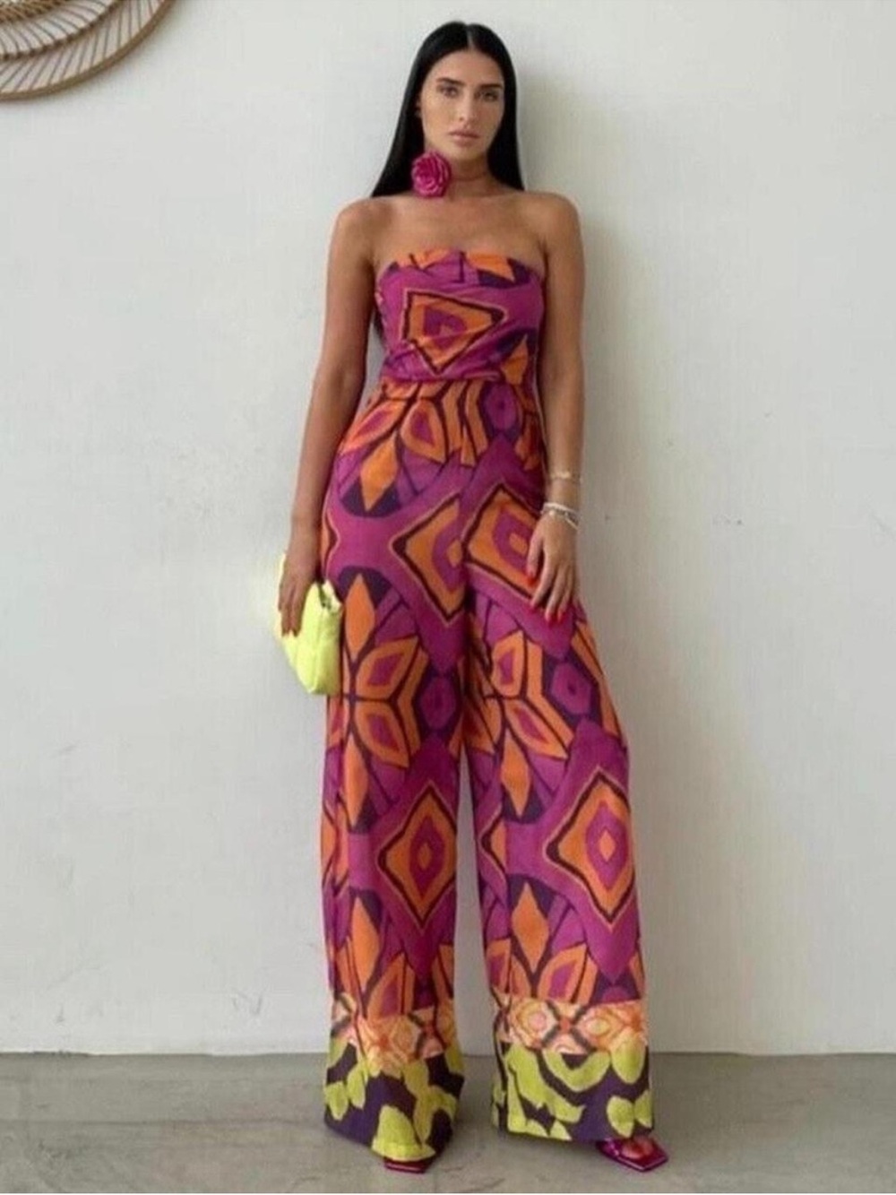 Zara boho Strapless Wide-Leg Jumpsuit in Magenta & Orange